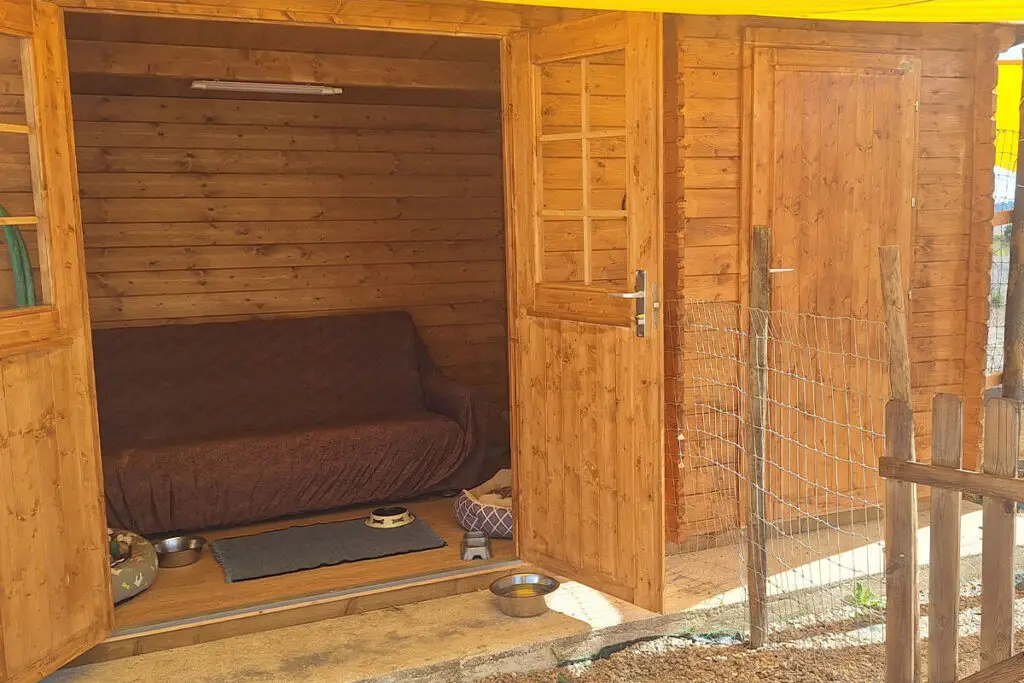 Box de madeira para caes com zona interior equipada
